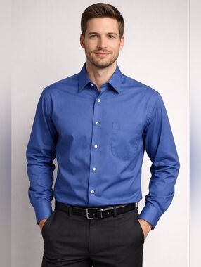 Geoffrey Beene Mens Dress Shirt Blue Sateen Wrinkle Free 16 32/33 Long Sleeve